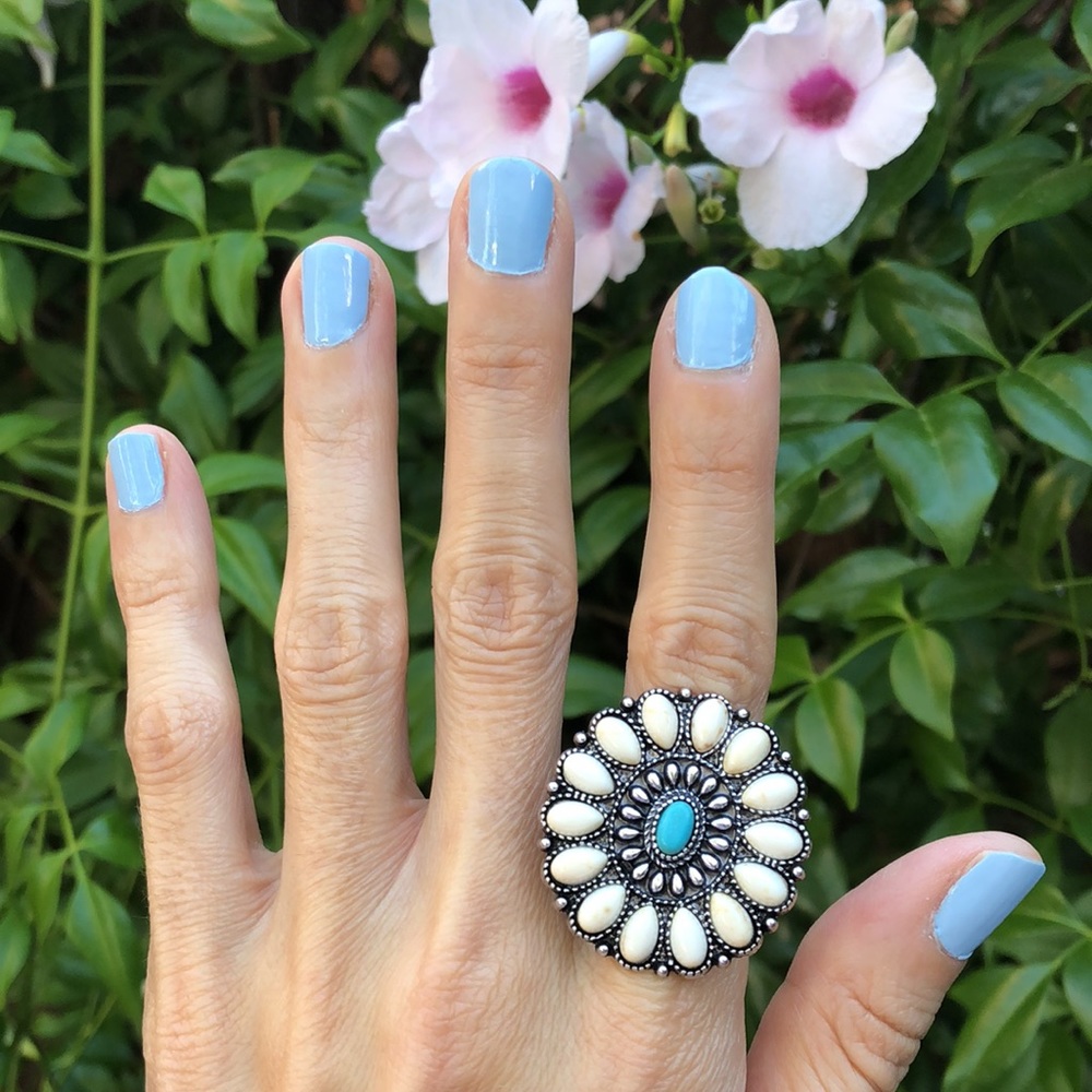 Cream + Turquoise Boho Flower Statement Ring - image 3